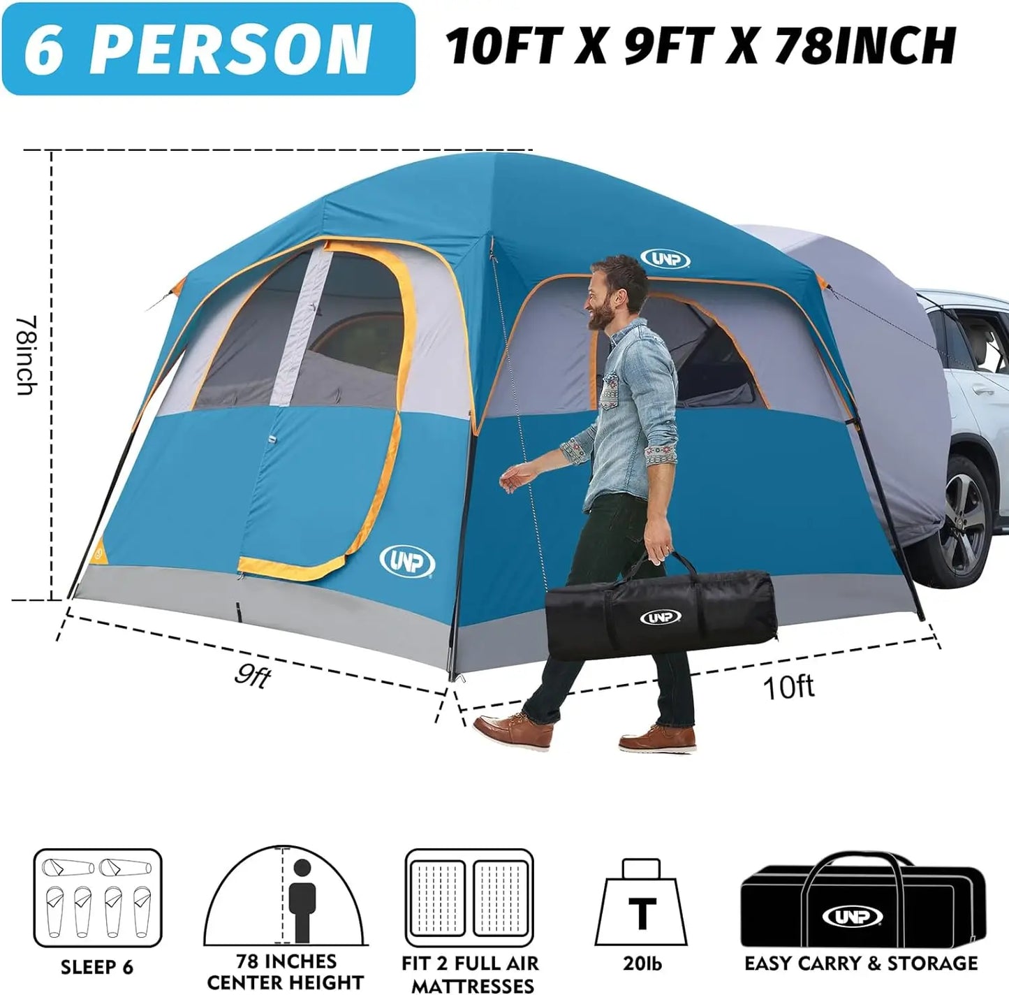 UNP SUV Tent for Camping, 6-Person Car Camping Tent, SUV Tailgate Tent for Outdoor, Easy Set Up Tent with Rainfly 10'x9'x78in(H)