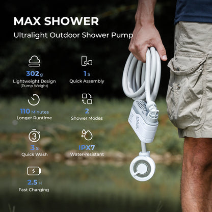 FLEXTAIL Outdoor Camping Shower Portable Electric Shower Pump IPX7 Waterproof for Outdoor Shower, Car Washing, Dishwashing, Pet