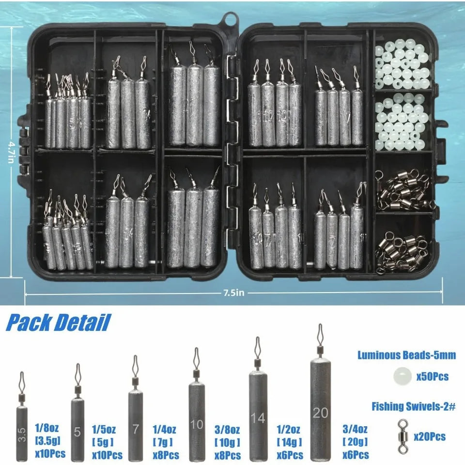 48Pcs Drop Shot Weights Kit - Slim Pencil Style Fishing Sinkers for Bass Casting, Freshwater with Swivels & Rig Beads