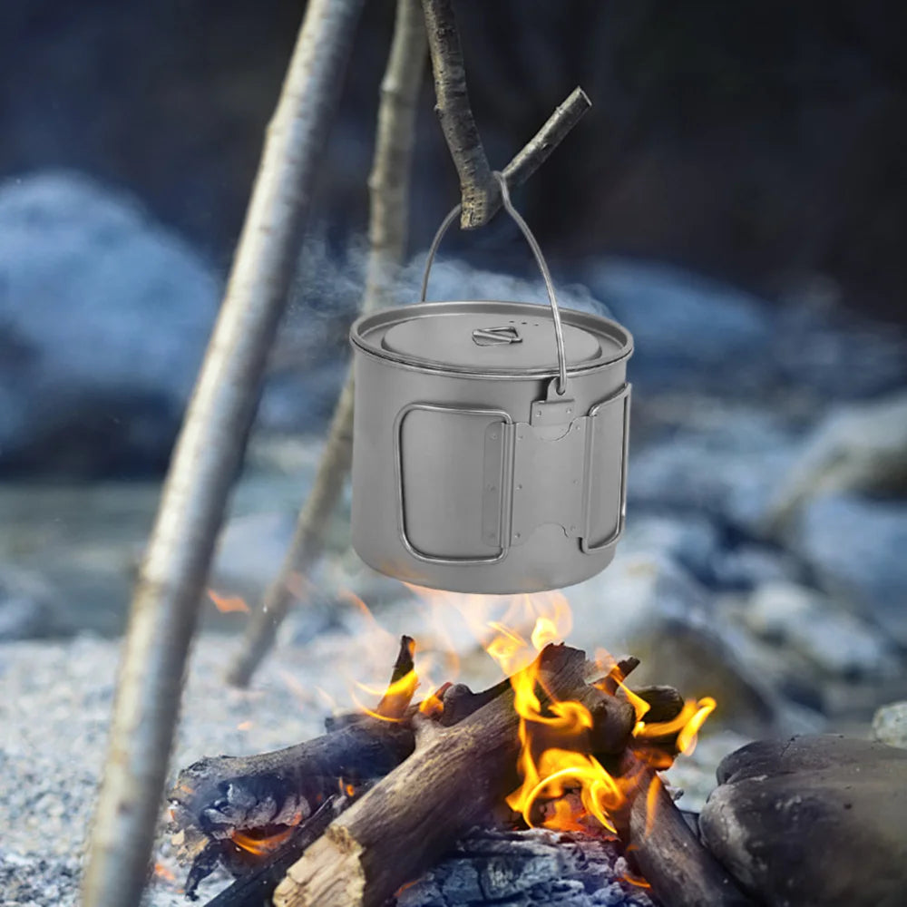 1100ml Titanium Pot Ultralight Portable Hanging Pot with Lid and Foldable Handle Outdoor Camping Hiking Backpacking